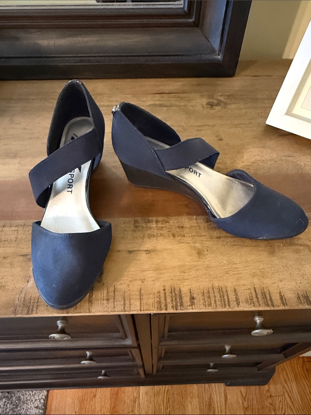 Anne Klein Navy Cross-Strap Wedge Pumps